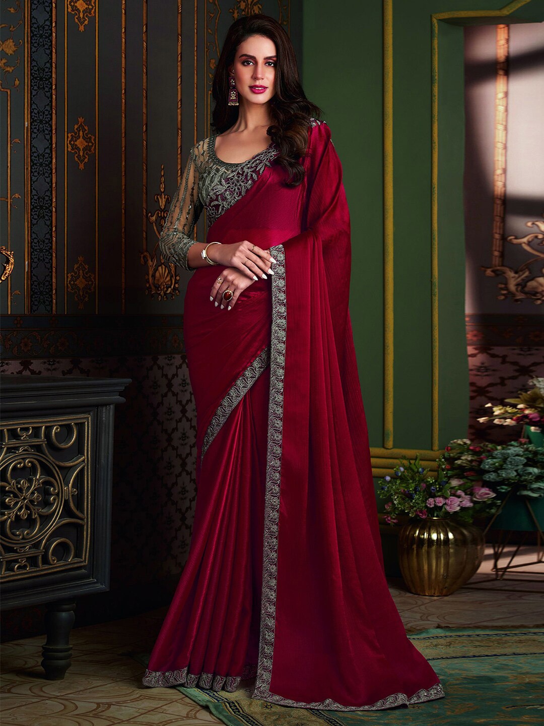 

Mitera Embroidered Satin Kota Saree, Red