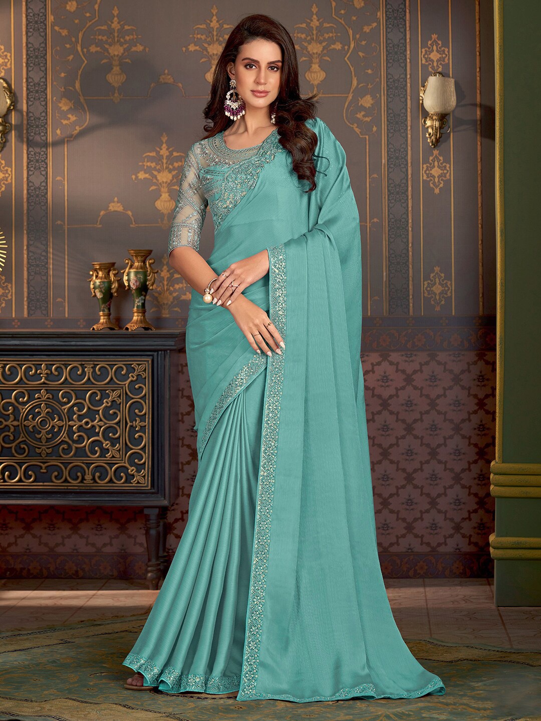 

Mitera Zari Satin Kota Saree, Turquoise blue