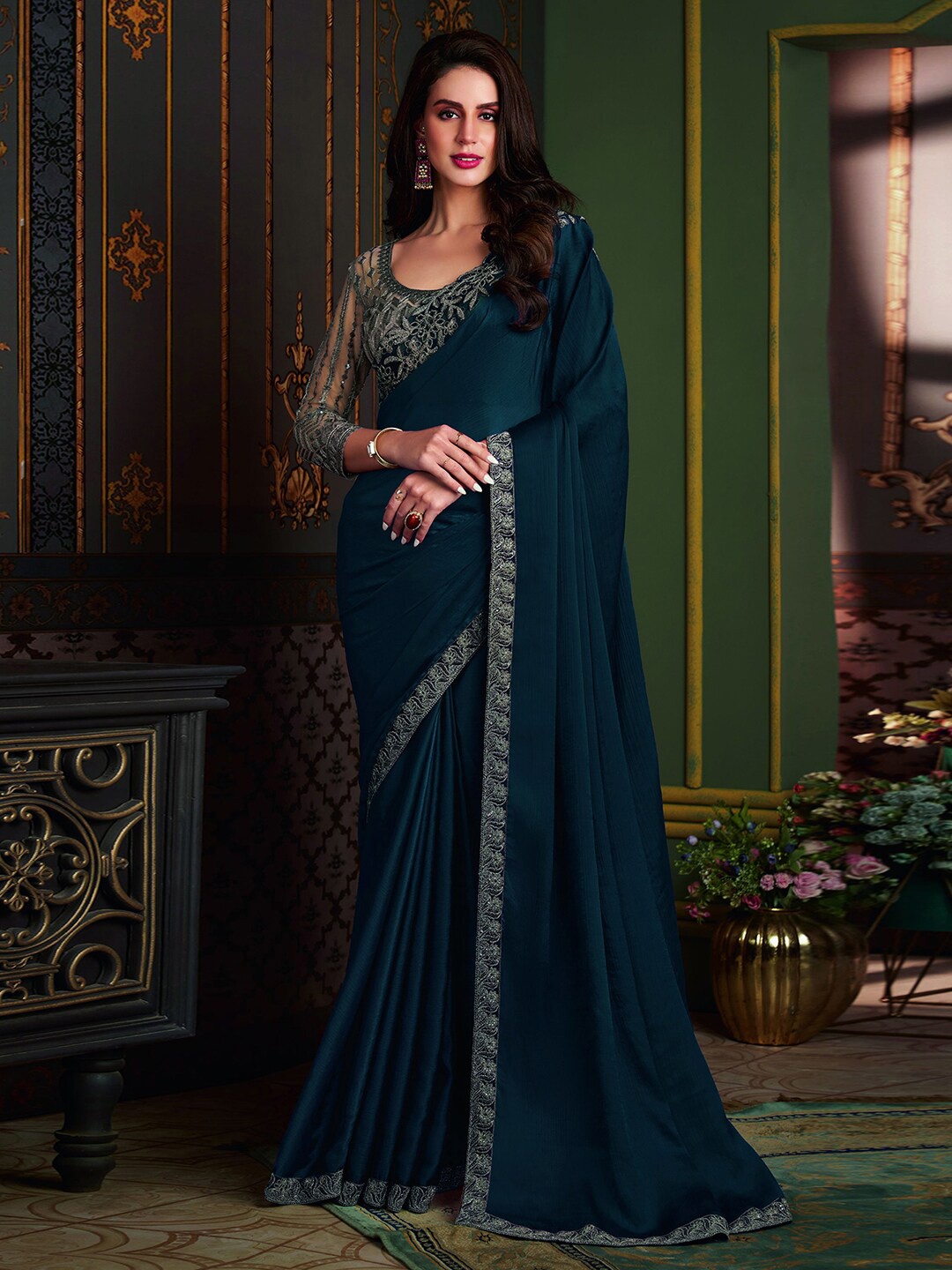 

Mitera Embroidered Satin Kota Saree, Turquoise blue