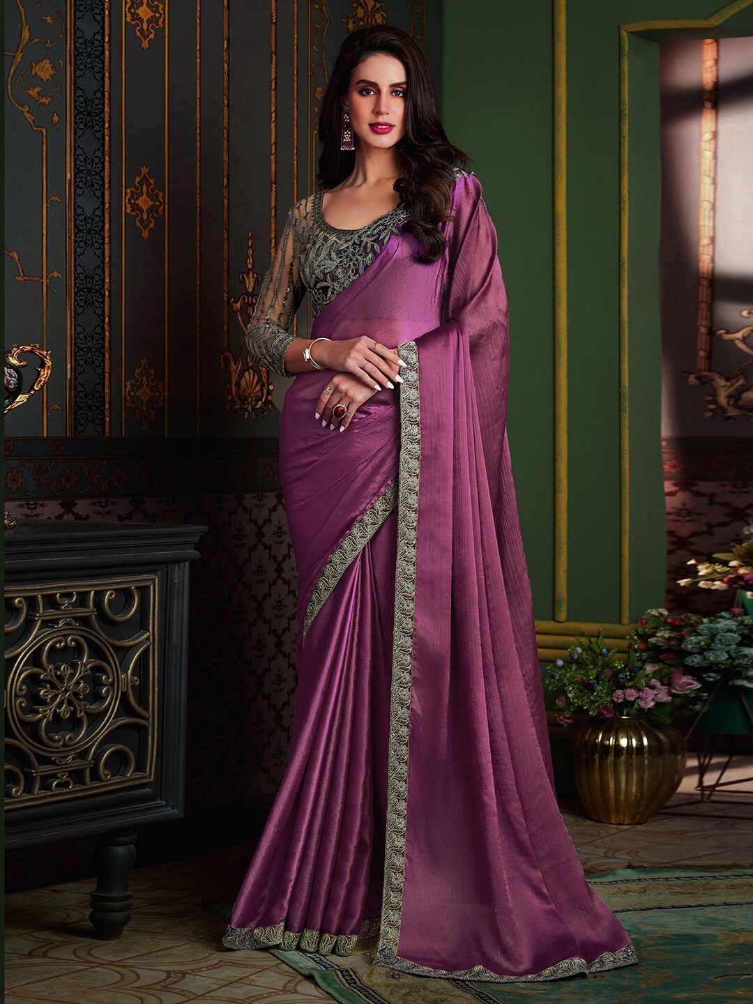 

Mitera Zari Kota Sequence Embroidery Saree, Purple