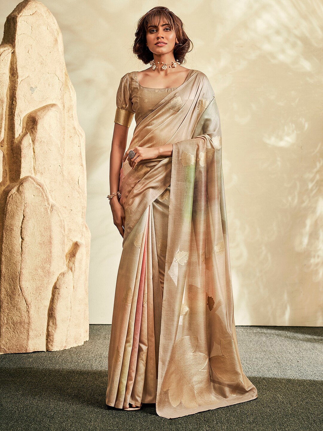 

Mitera Floral Printed Zari Jacquard Banarasi Saree, Beige