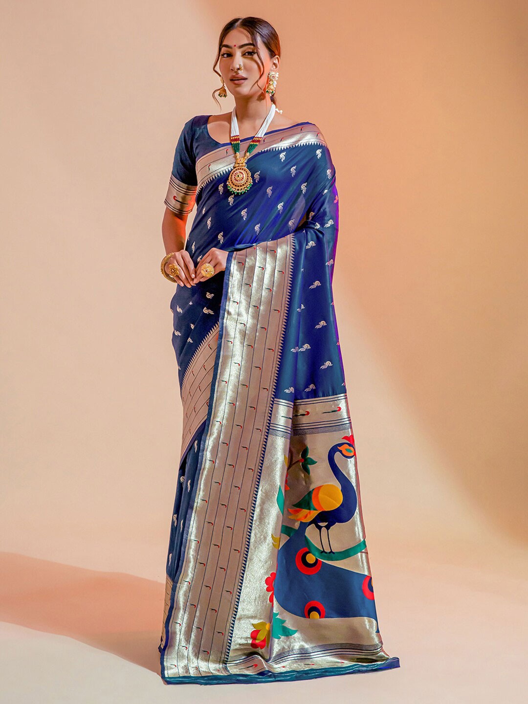 

Mitera Ethnic Motifs Woven Design Zari Paithani Saree, Navy blue