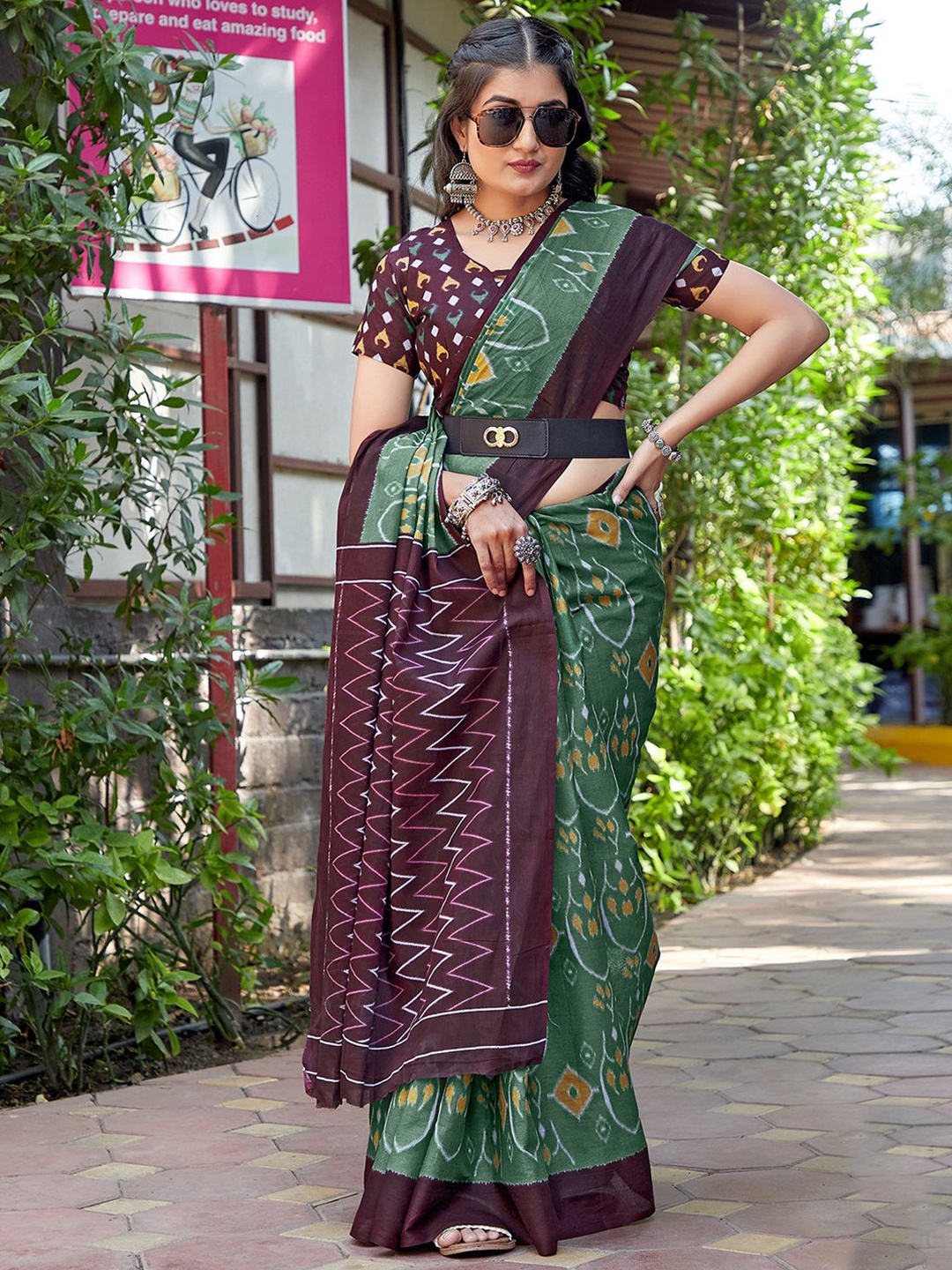 

Mitera Ethnic Motifs Block Print Saree, Green