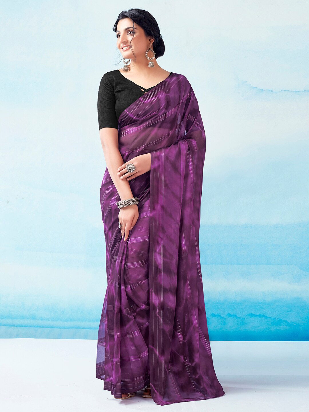 

Mitera Striped Zari Leheriya Ready To Wear Saree, Purple