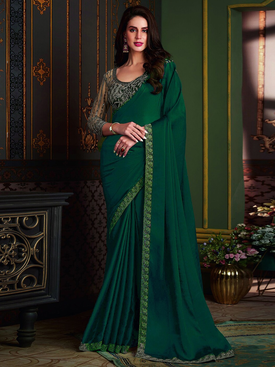 

Mitera Embroidered Satin Kota Saree, Green