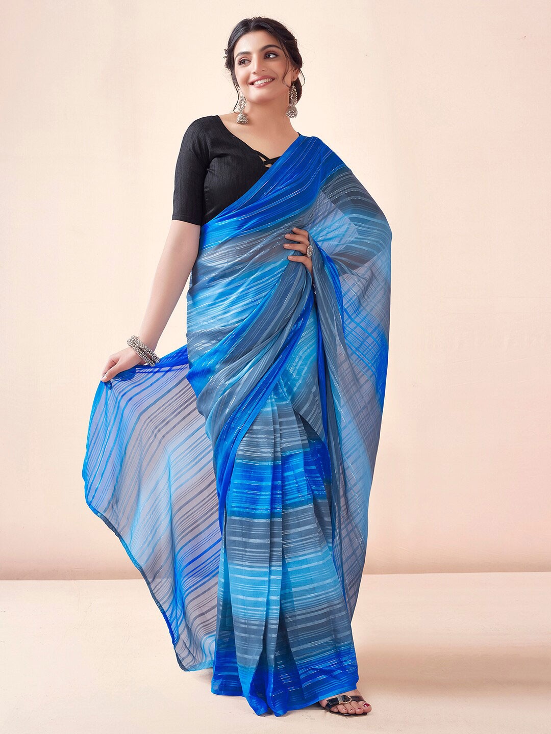 

Mitera Striped Zari Leheriya Ready To Wear Saree, Grey