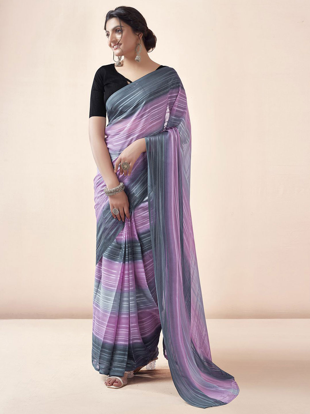 

Mitera Striped Zari Ready to Wear Leheriya Saree, Grey