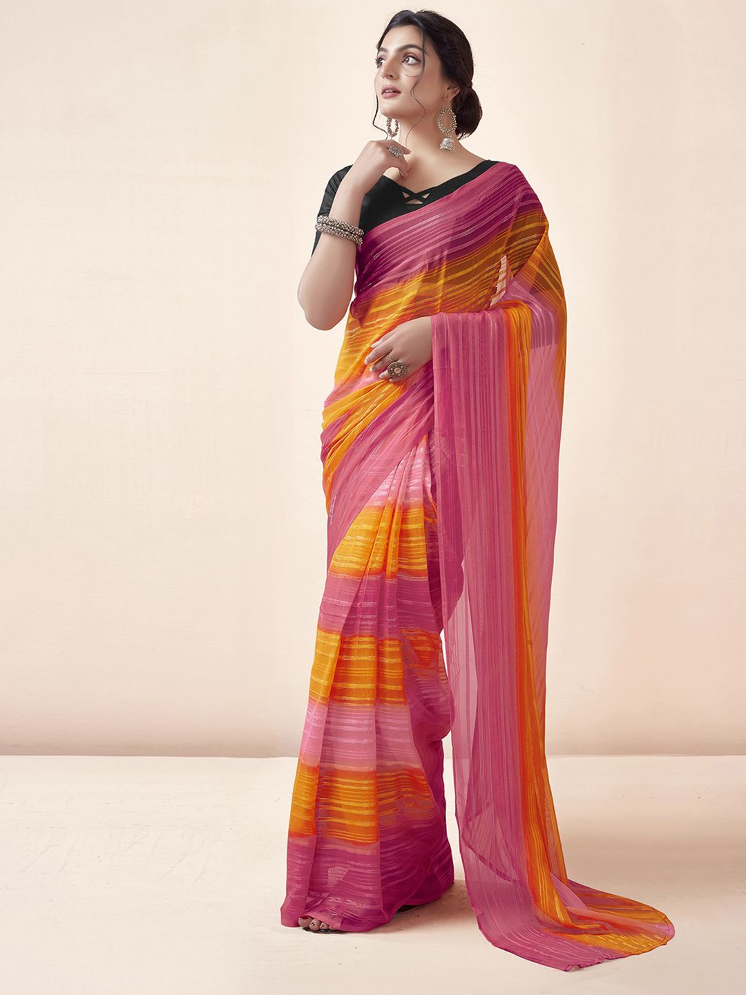 

Mitera Striped Zari Ready to Wear Leheriya Saree, Yellow