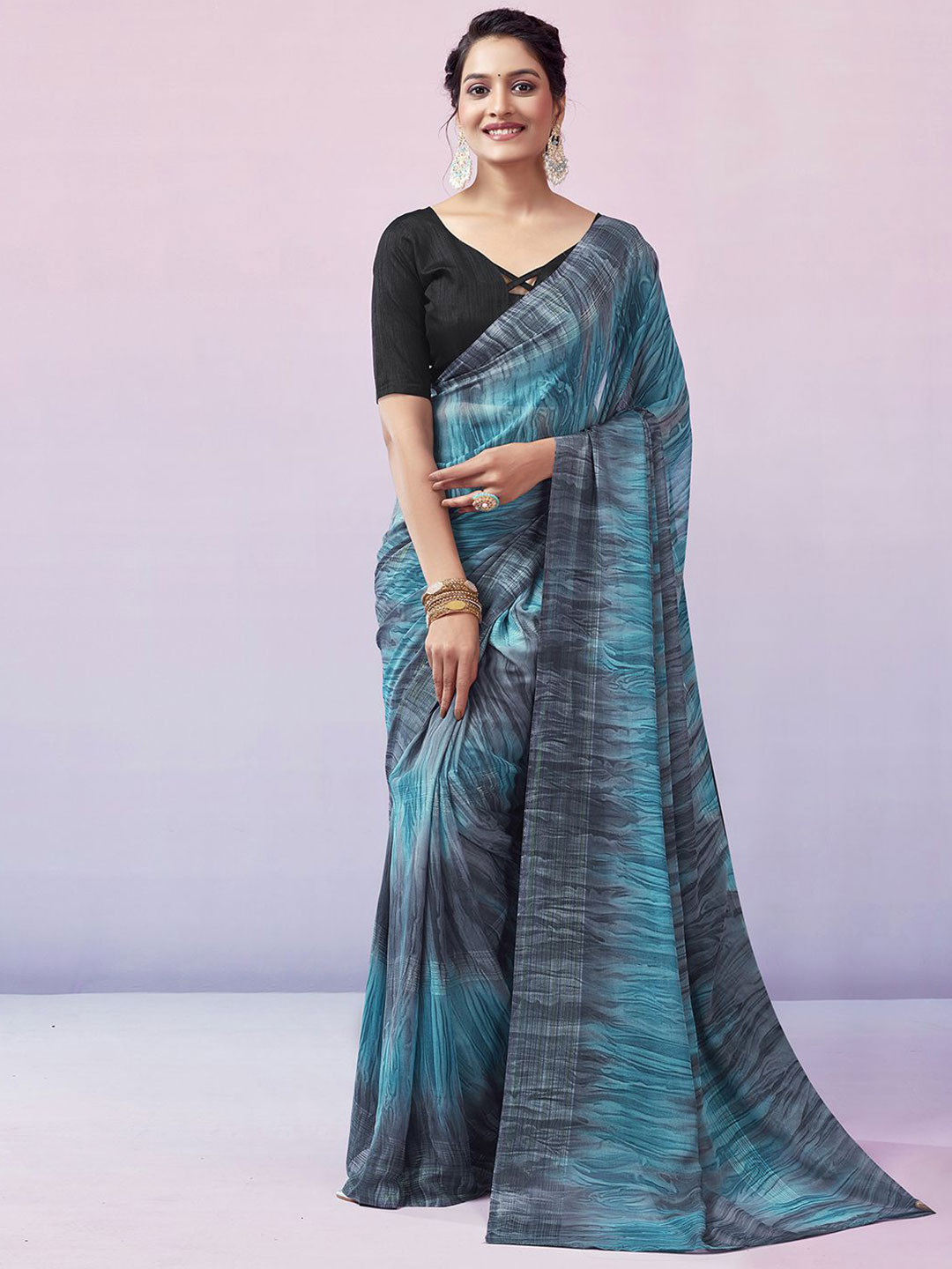 

Mitera Zari Georgette Ready to Wear Leheriya Saree, Grey