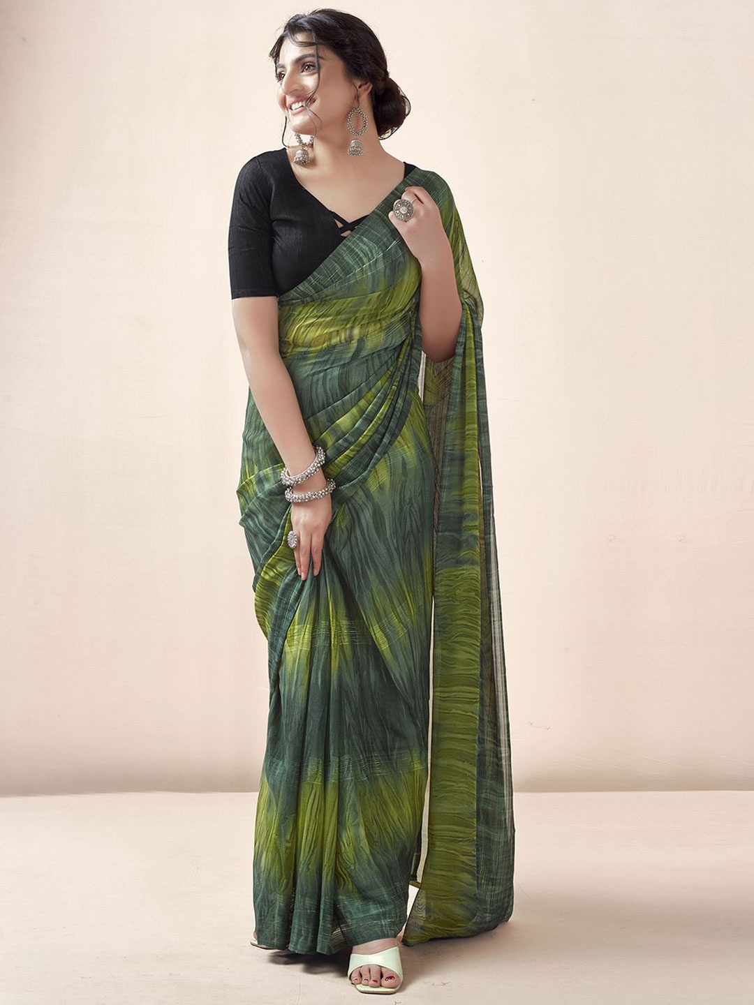 

Mitera Zari Georgette Ready to Wear Leheriya Saree, Green