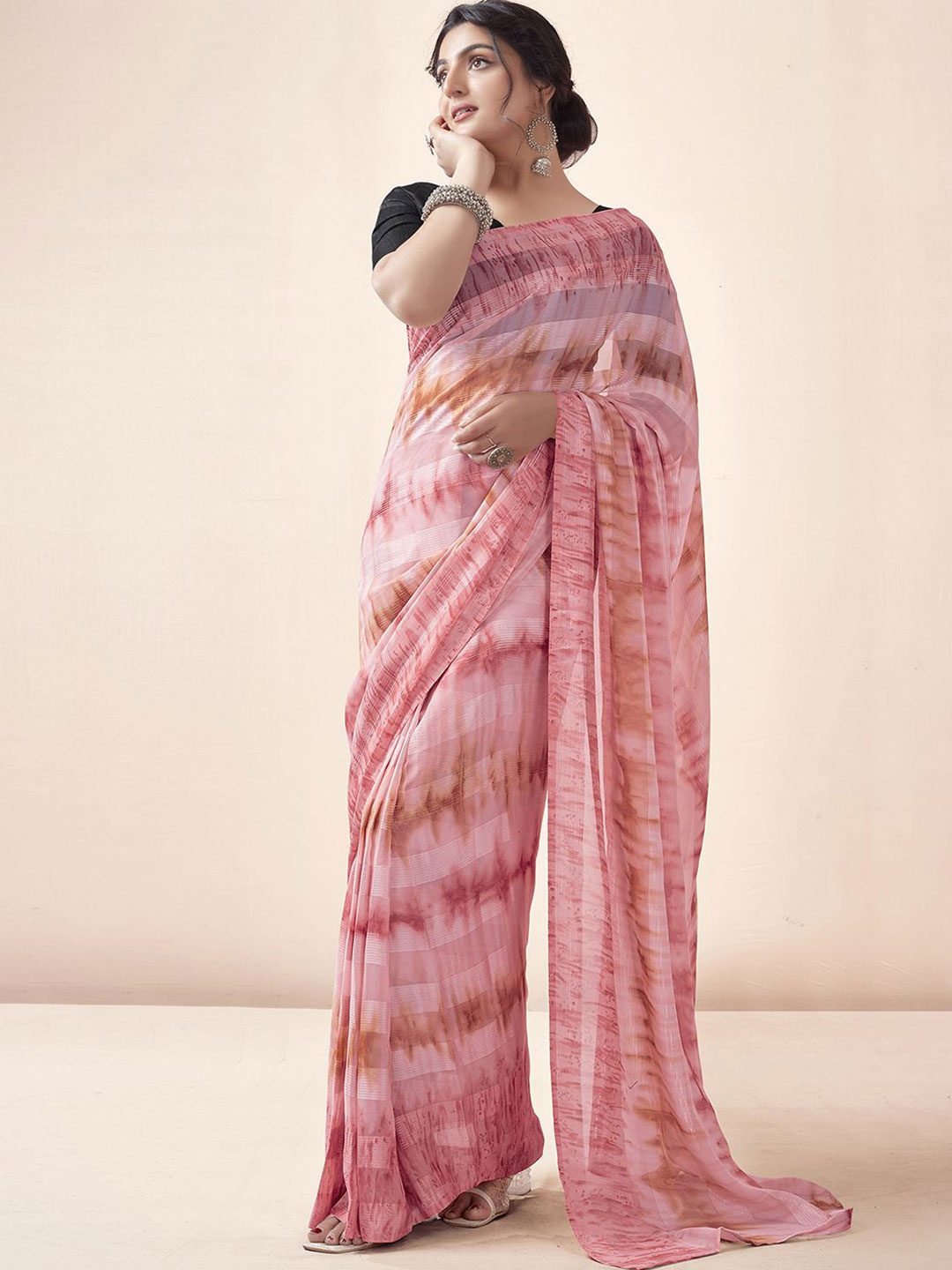 

Mitera Tie and Dye Zari Georgette Ready to Wear Leheriya Saree, Pink