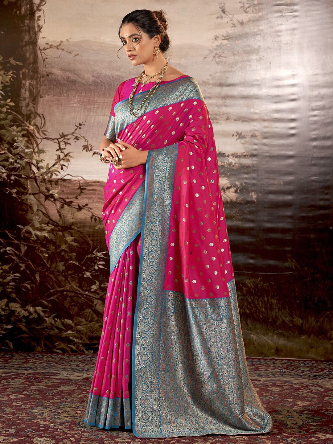 

Mitera Woven Design Zari Silk Banarasi Saree, Pink