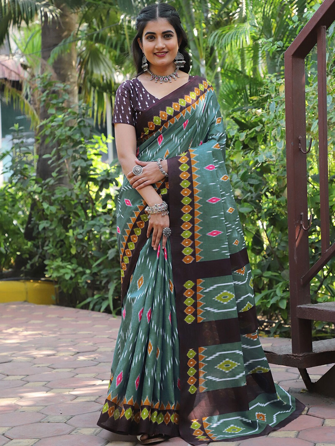 

Mitera Block Print Cotton Saree, Green