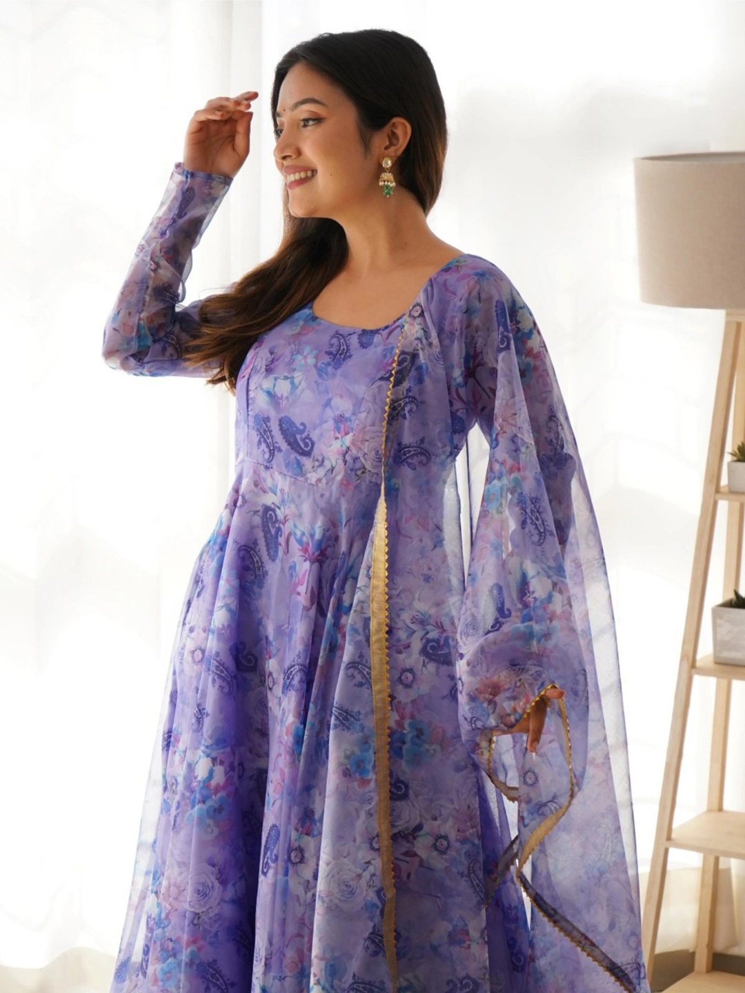 KALINI Women Printed Extended Sleeves Mirror Work Floral Kurta, Purple