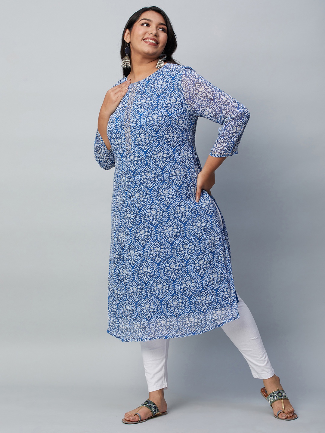 

Big Hello - The Plus Life Women Printed Flared Sleeves Gotta Patti Kurta, Blue