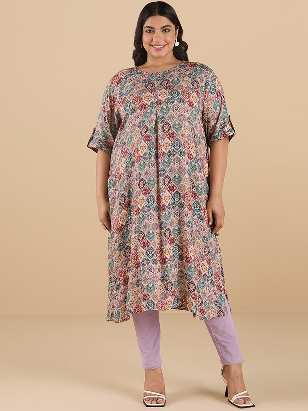 

Big Hello - The Plus Life Ethnic Motifs Printed Roll-Up Sleeves A-Line Kurta, Beige