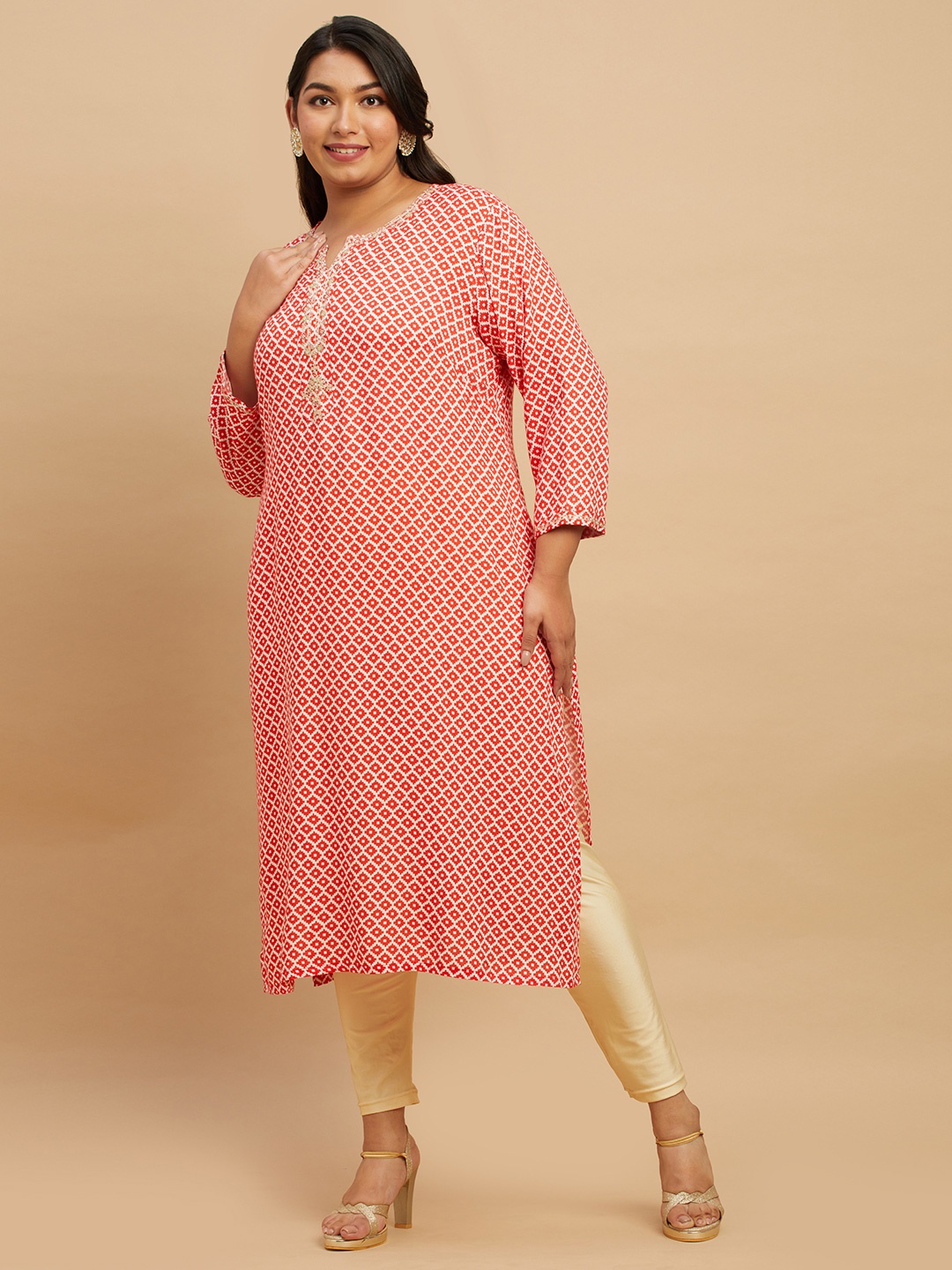 

Big Hello - The Plus Life Ethnic Motifs Printed Thread Work Straight Kurta, Rust