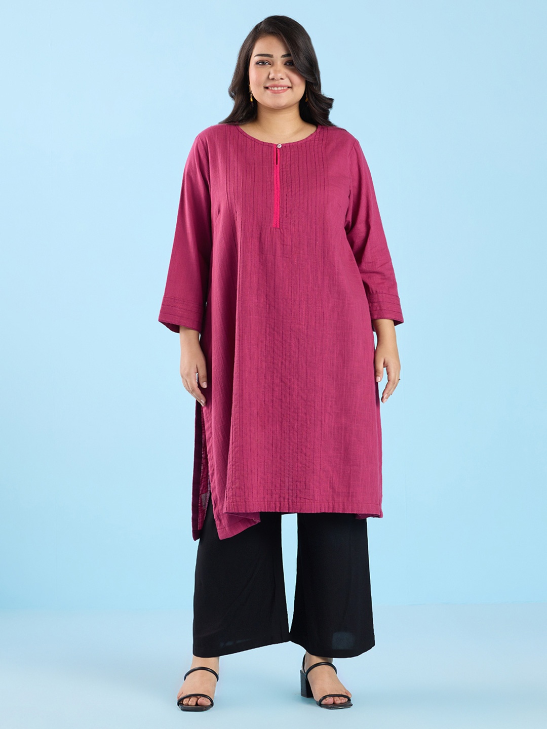

Big Hello - The Plus Life Women Striped Sequinned Kurta, Pink