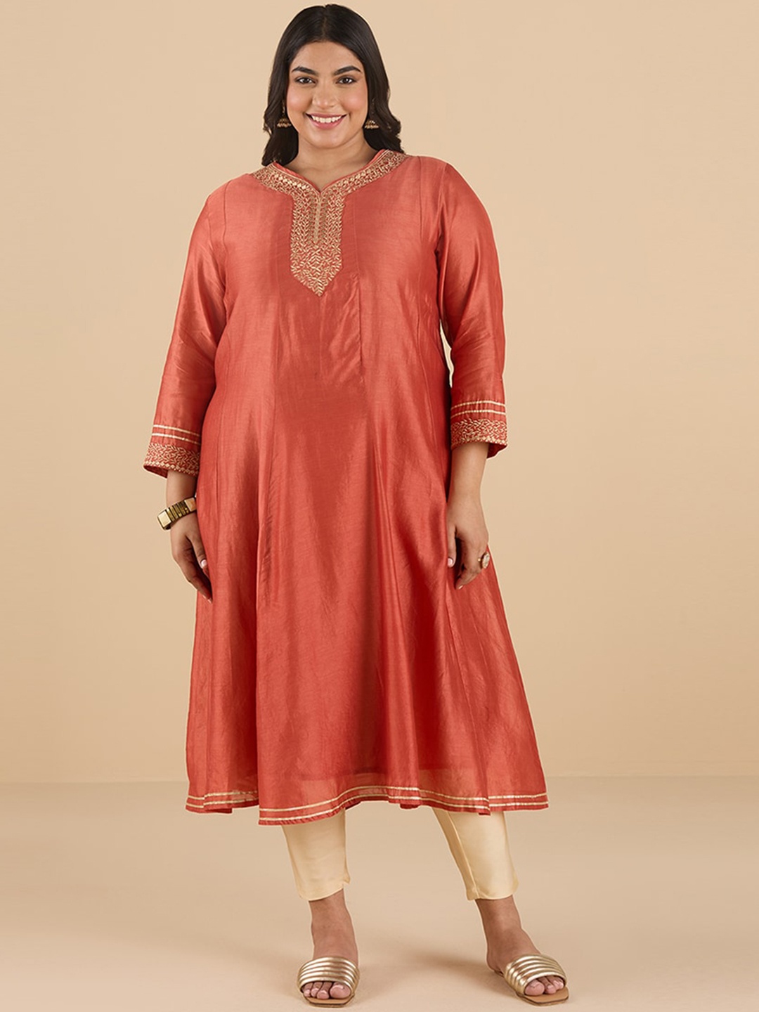 

Big Hello - The Plus Life Ethnic Motifs Embroidered Thread Work Silk Anarkali Kurta, Rust