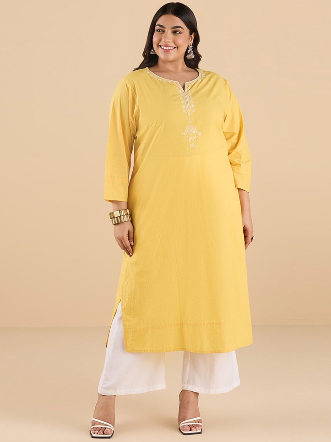 

Big Hello - The Plus Life Floral Yoke Design Thread Work Pure Cotton Straight Kurta, Mustard