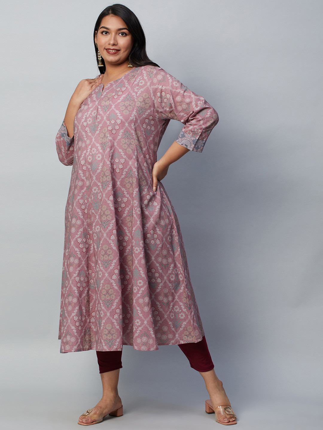 

Big Hello - The Plus Life Women Geometric Anarkali Kurta, Pink