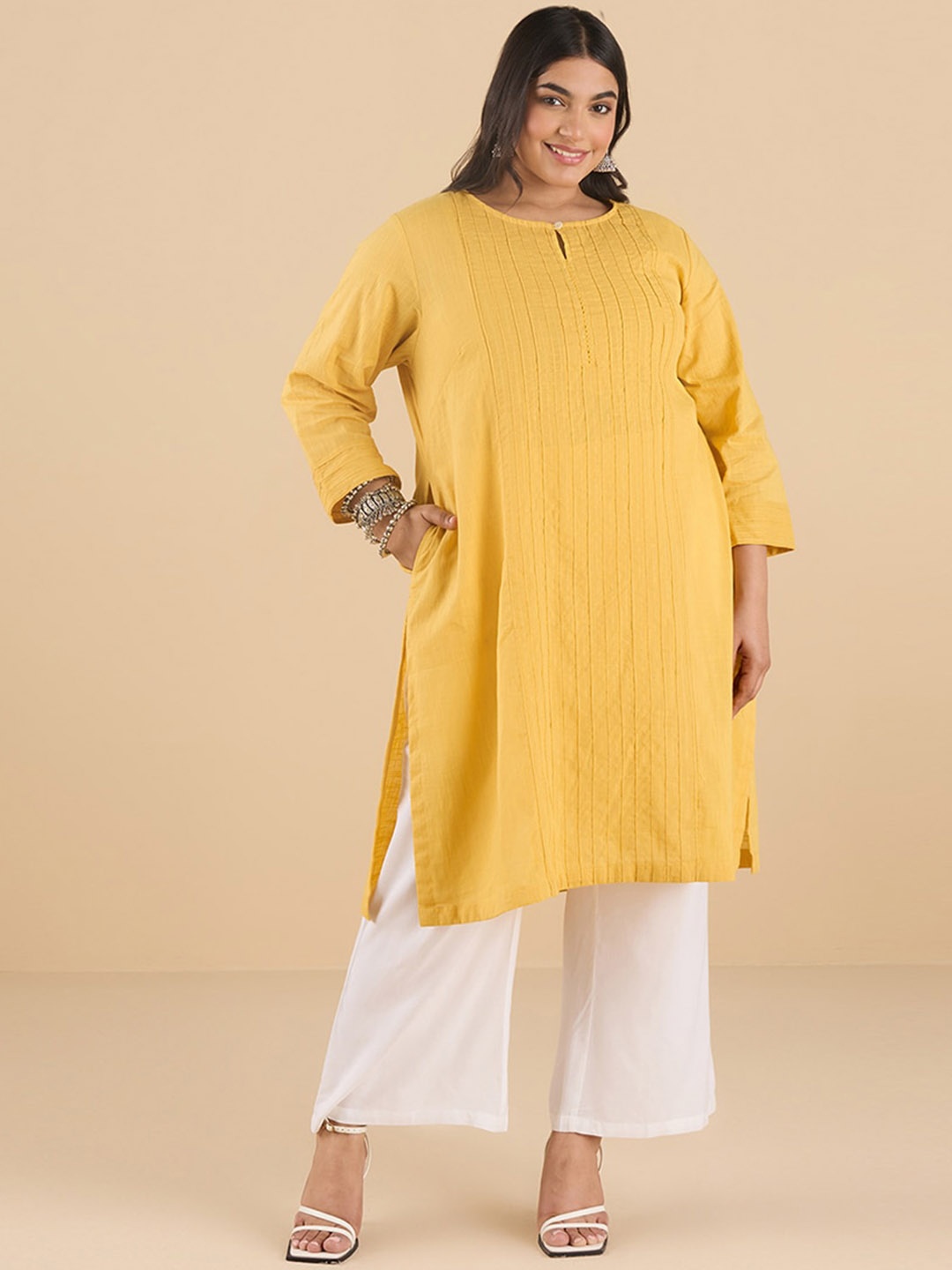 

Big Hello - The Plus Life Striped Cotton Keyhole Neck Kurta, Mustard