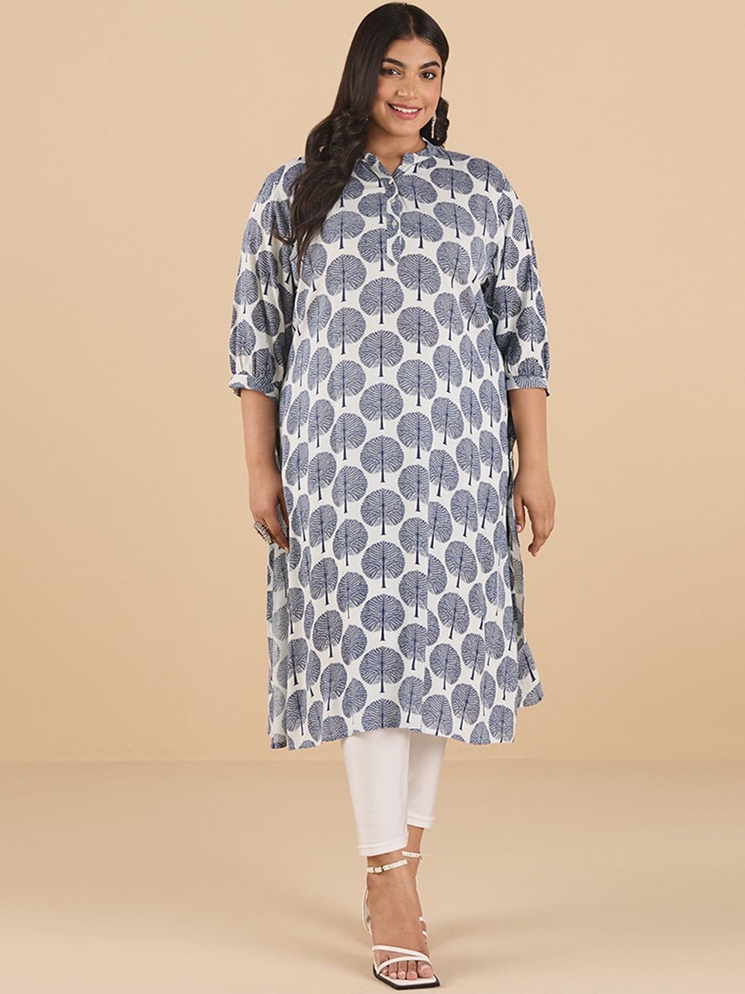 

Big Hello - The Plus Life Band Collar Geometric Printed Straight Kurta, Navy blue