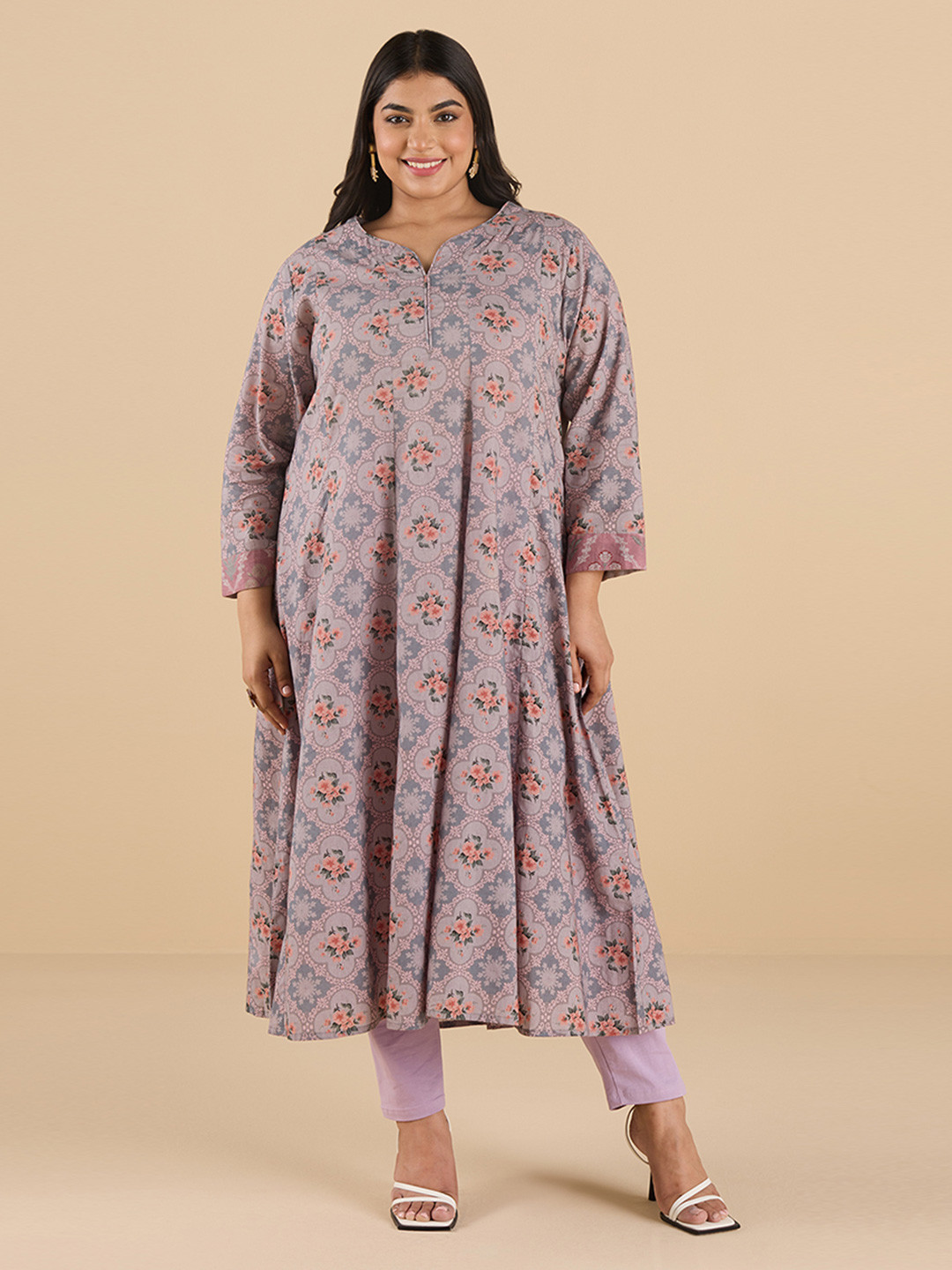 

Big Hello - The Plus Life Women Geometric Striped Flared Sleeves Mirror Work Kurta, Purple
