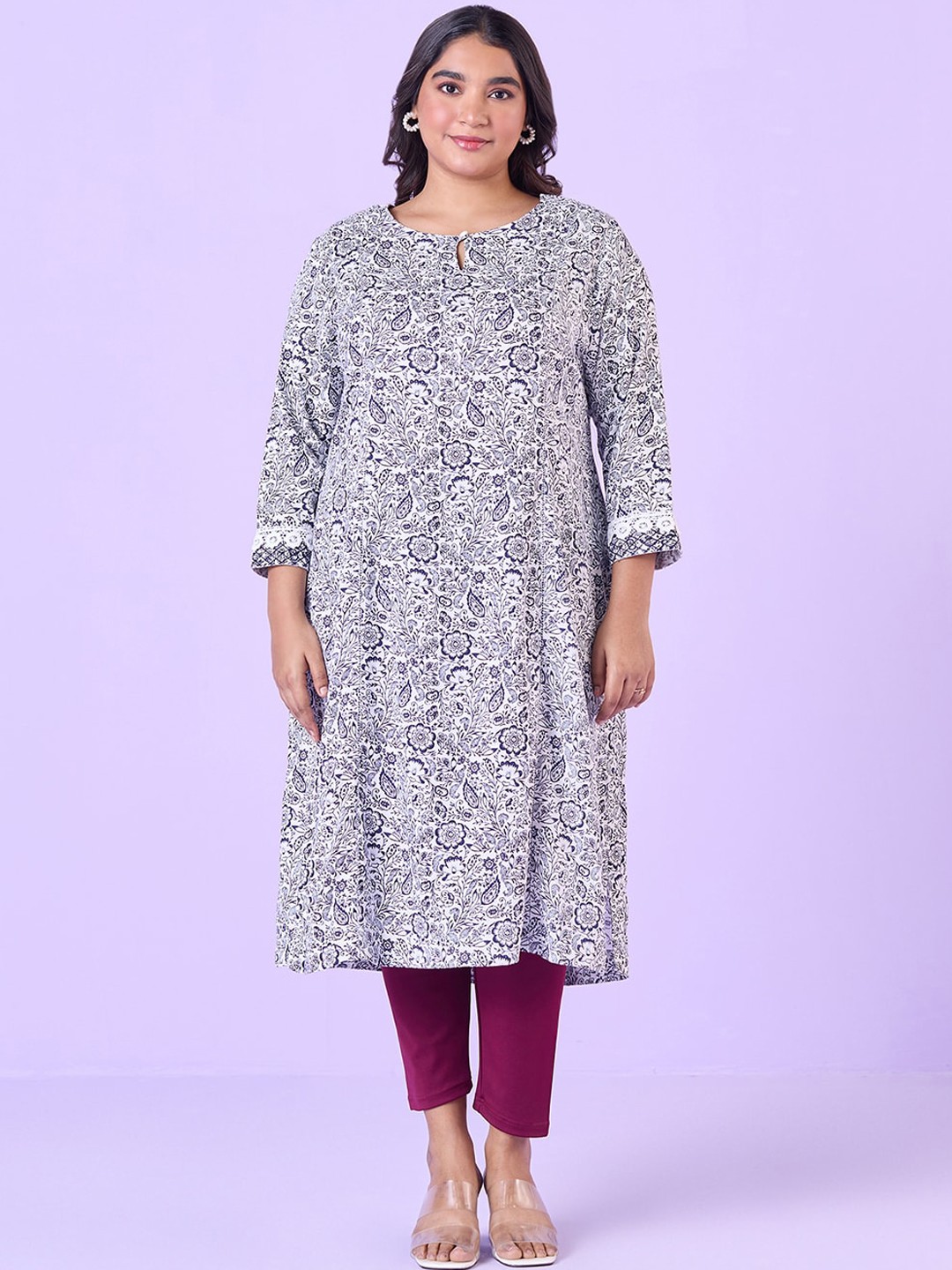 

Big Hello - The Plus Life Floral Printed Keyhole Neck Anarkali Kurta, White