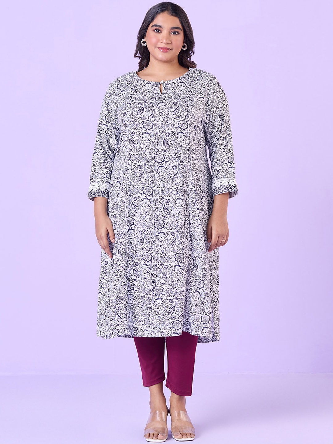 

Big Hello - The Plus Life Geometric Printed Round Neck Straight Kurta, White