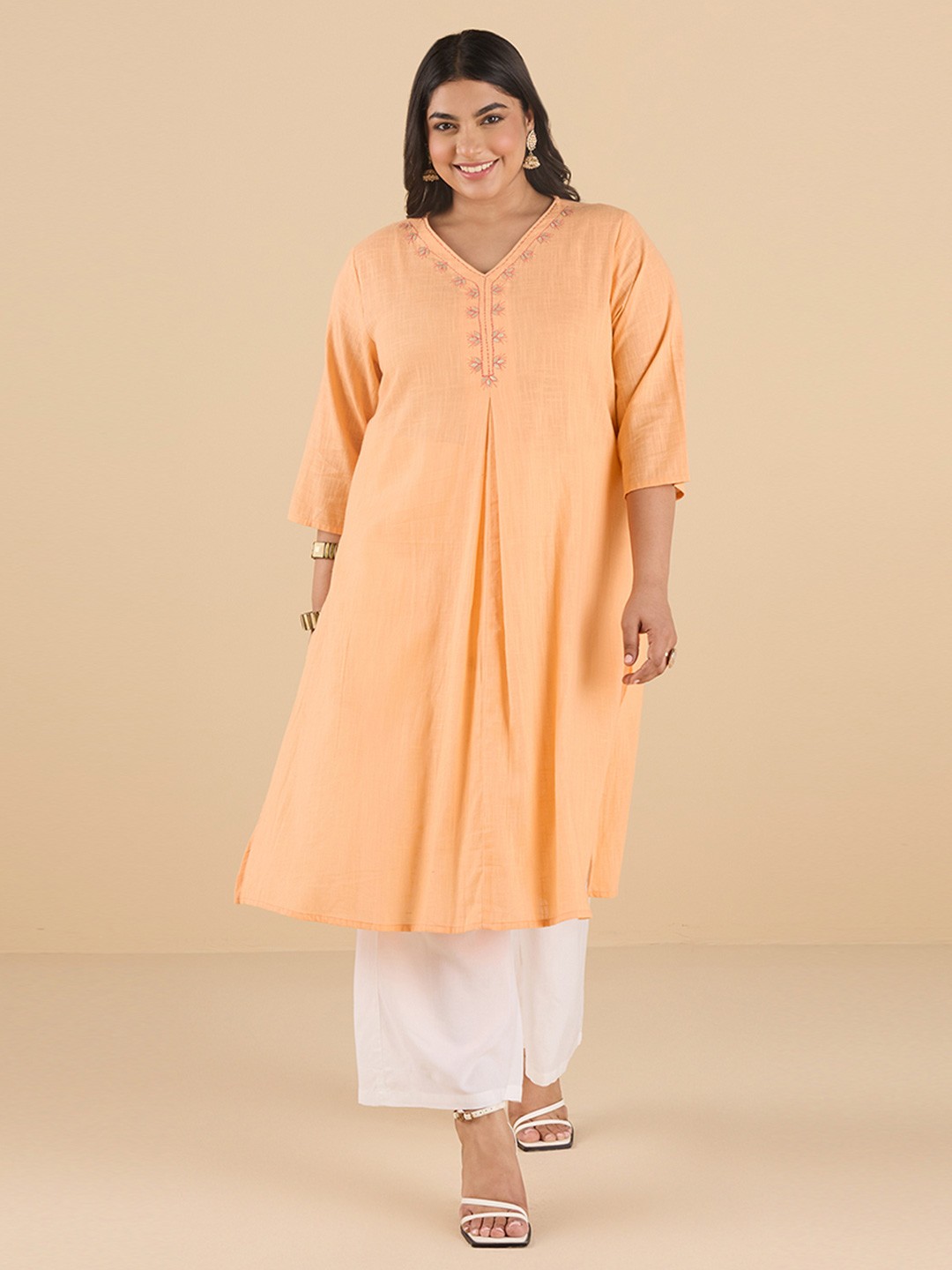 

Big Hello - The Plus Life Women Yoke Design Flared Sleeves Mirror Work Kurta, Orange