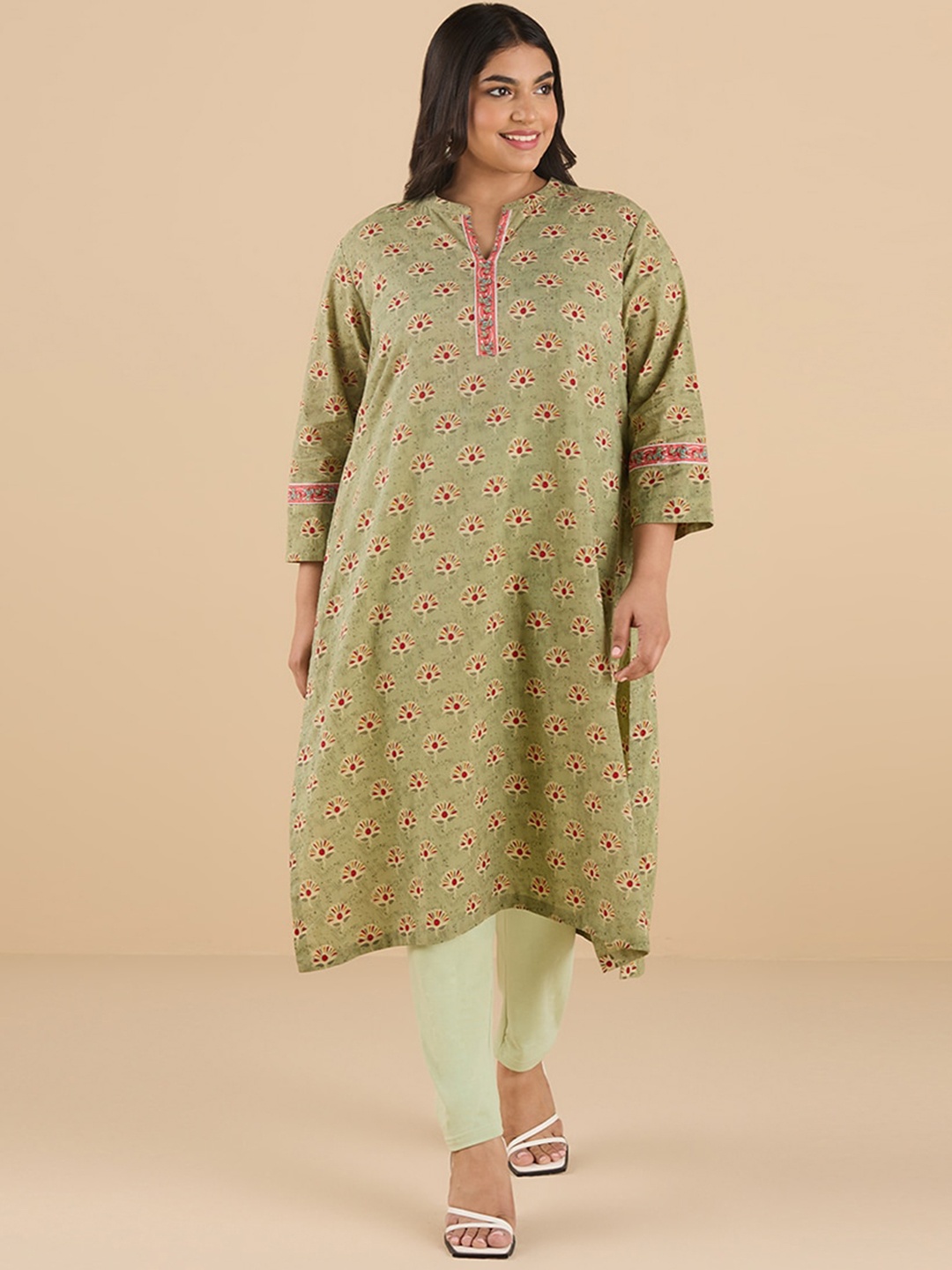 

Big Hello - The Plus Life Ethnic Motifs Printed Pure Cotton Straight Kurta, Green