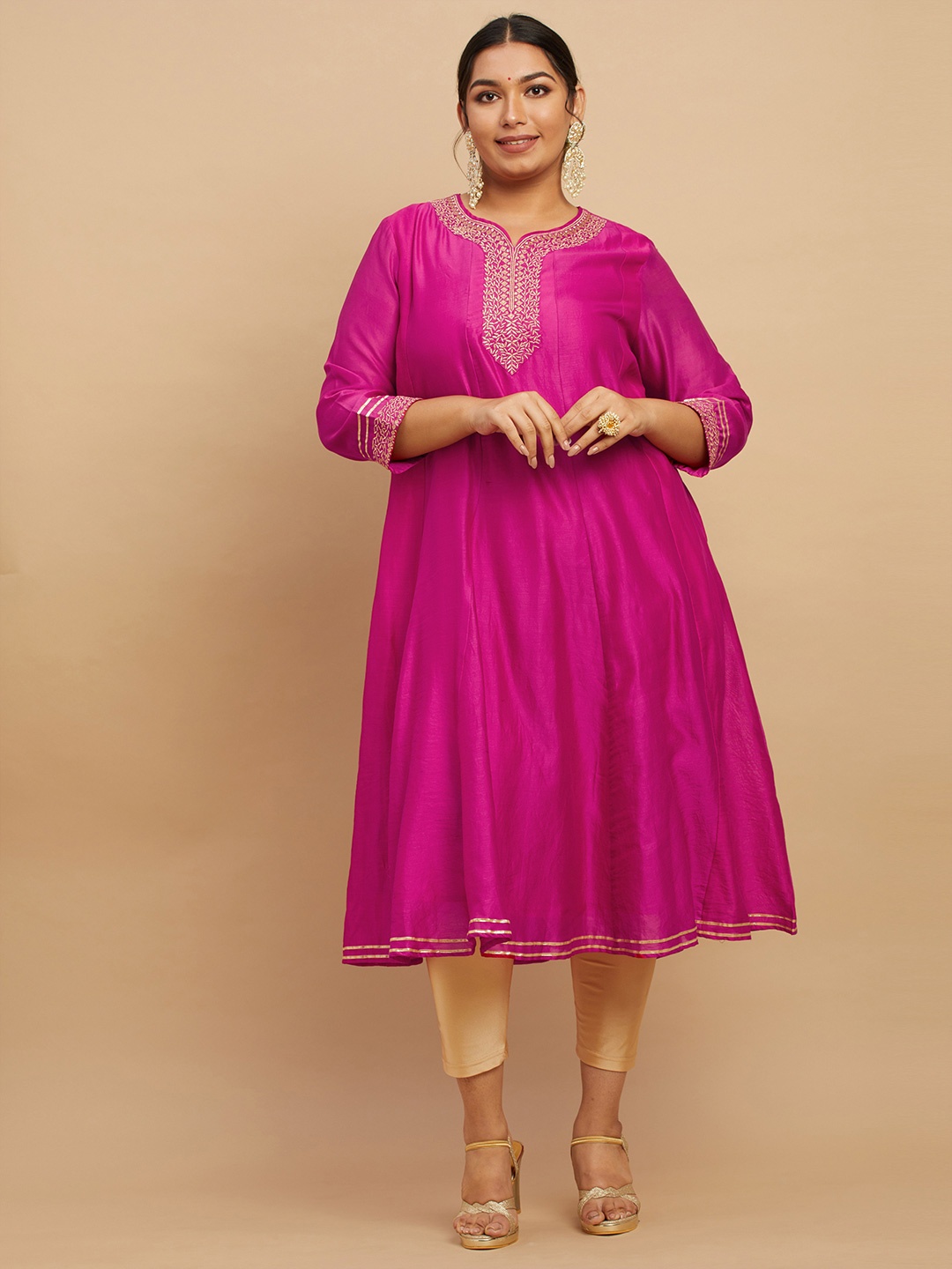 

Big Hello - The Plus Life Floral Yoke Design Beads & Stones Anarkali Kurta, Pink