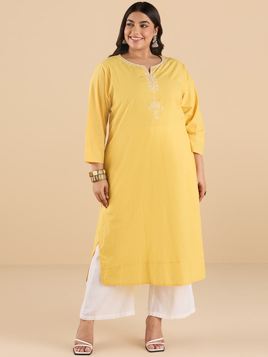 

Big Hello - The Plus Life Round Neck Cotton Embroidered Kurta, Mustard