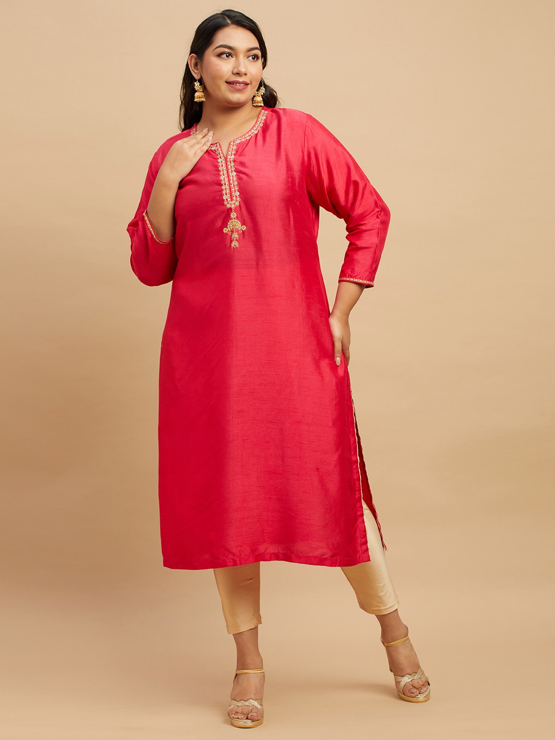 

Big Hello - The Plus Life Women Yoke Design Keyhole Neck Thread Work Kurta, Pink