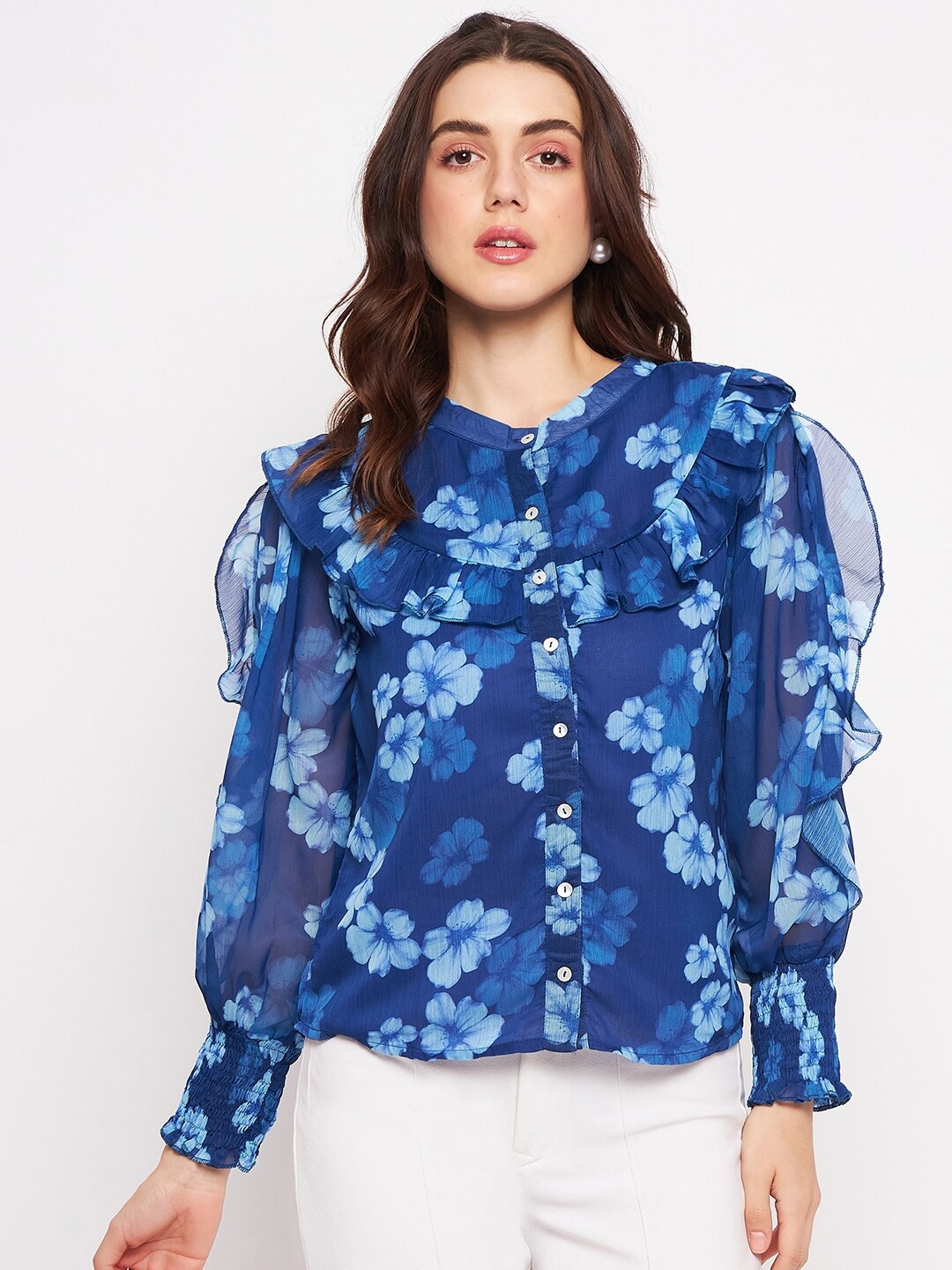 

DELAN Floral Printed Mandarin Collar Semi Sheer Chiffon Shirt Style Top, Navy blue