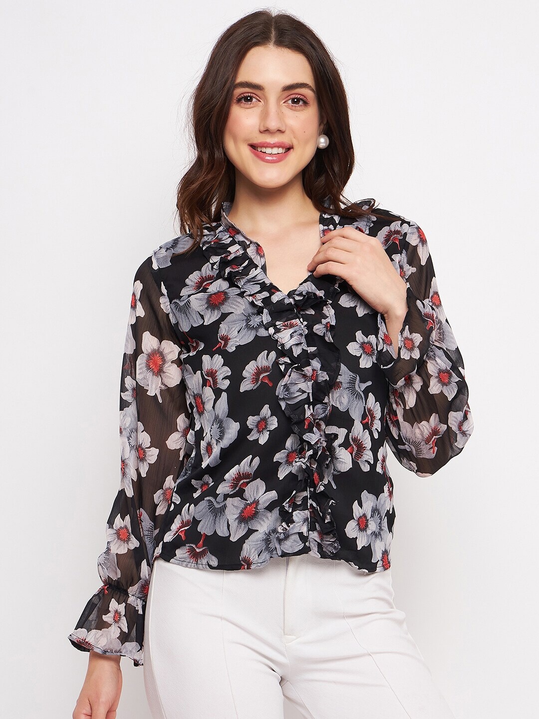 

DELAN Floral Printed Ruffles Semi Sheer Chiffon Top, Black