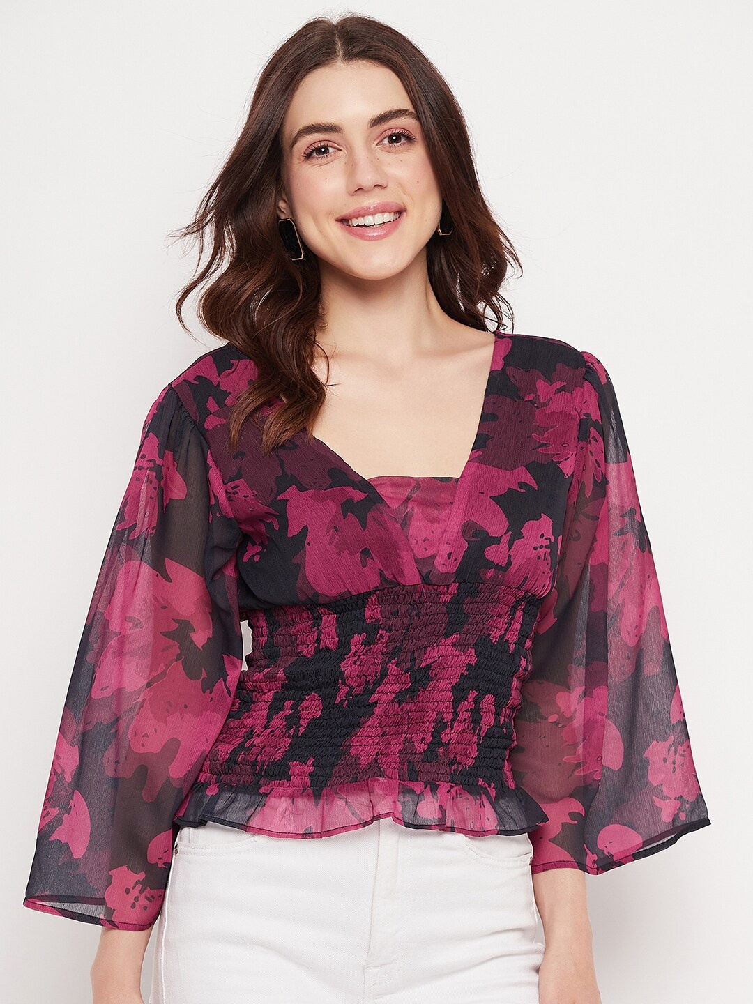 

DELAN Floral Print Flared Sleeve Smocked Chiffon Cinched Waist Top, Burgundy
