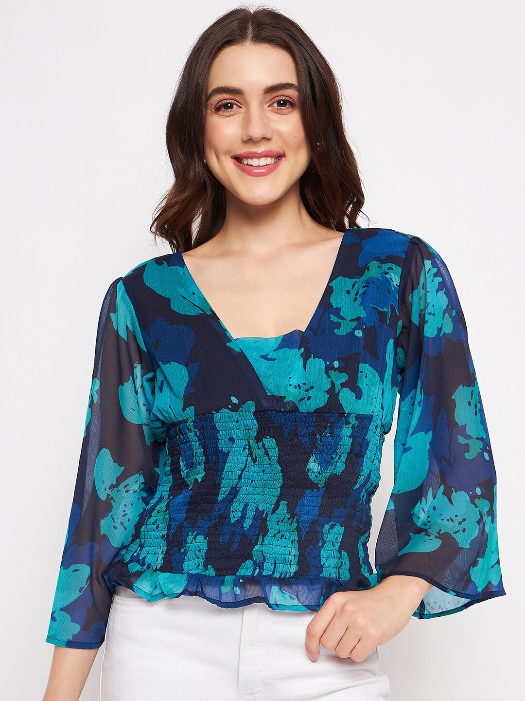 

DELAN Abstract Printed Square Neck Flared Sleeves Smocked Detailed Top, Green