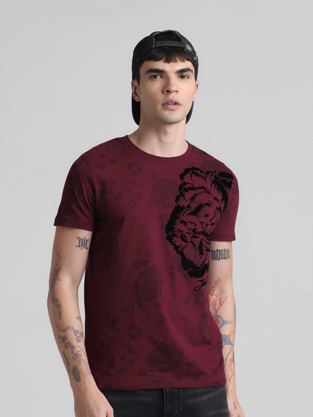 

Jack & Jones Floral Printed Crew Neck Cotton Slim Fit T-shirt, Maroon