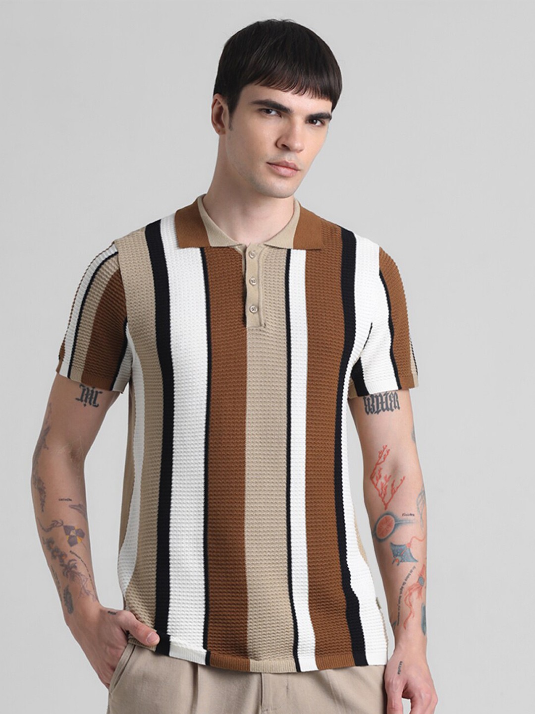 

Jack & Jones Striped Polo Collar Slim Fit Pure Cotton T-shirt, Brown