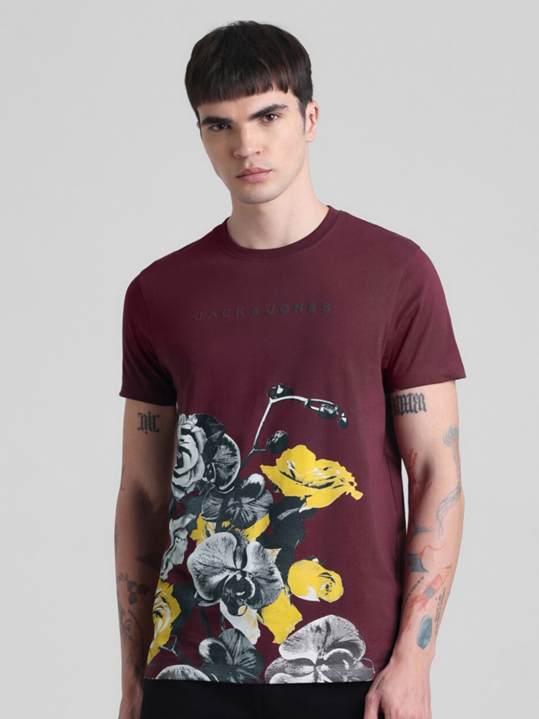 

Jack & Jones Graphic Printed Slim Fit Pure Cotton T-shirt, Maroon