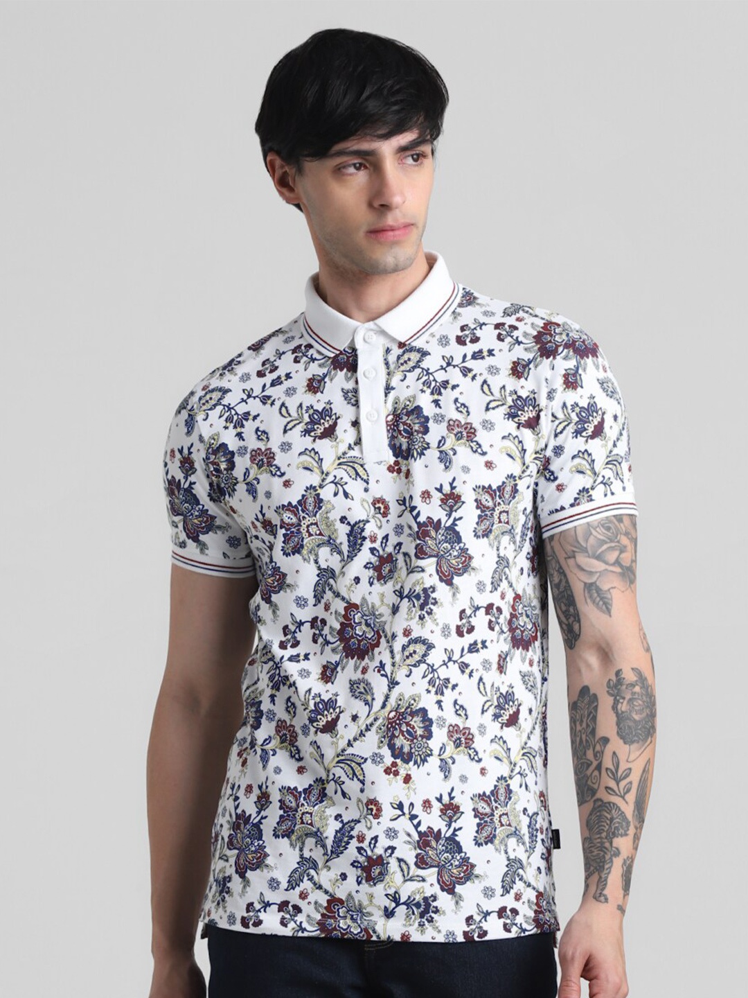 

Jack & Jones Floral Printed Polo Collar Slim Fit Pure Cotton T-shirt, White