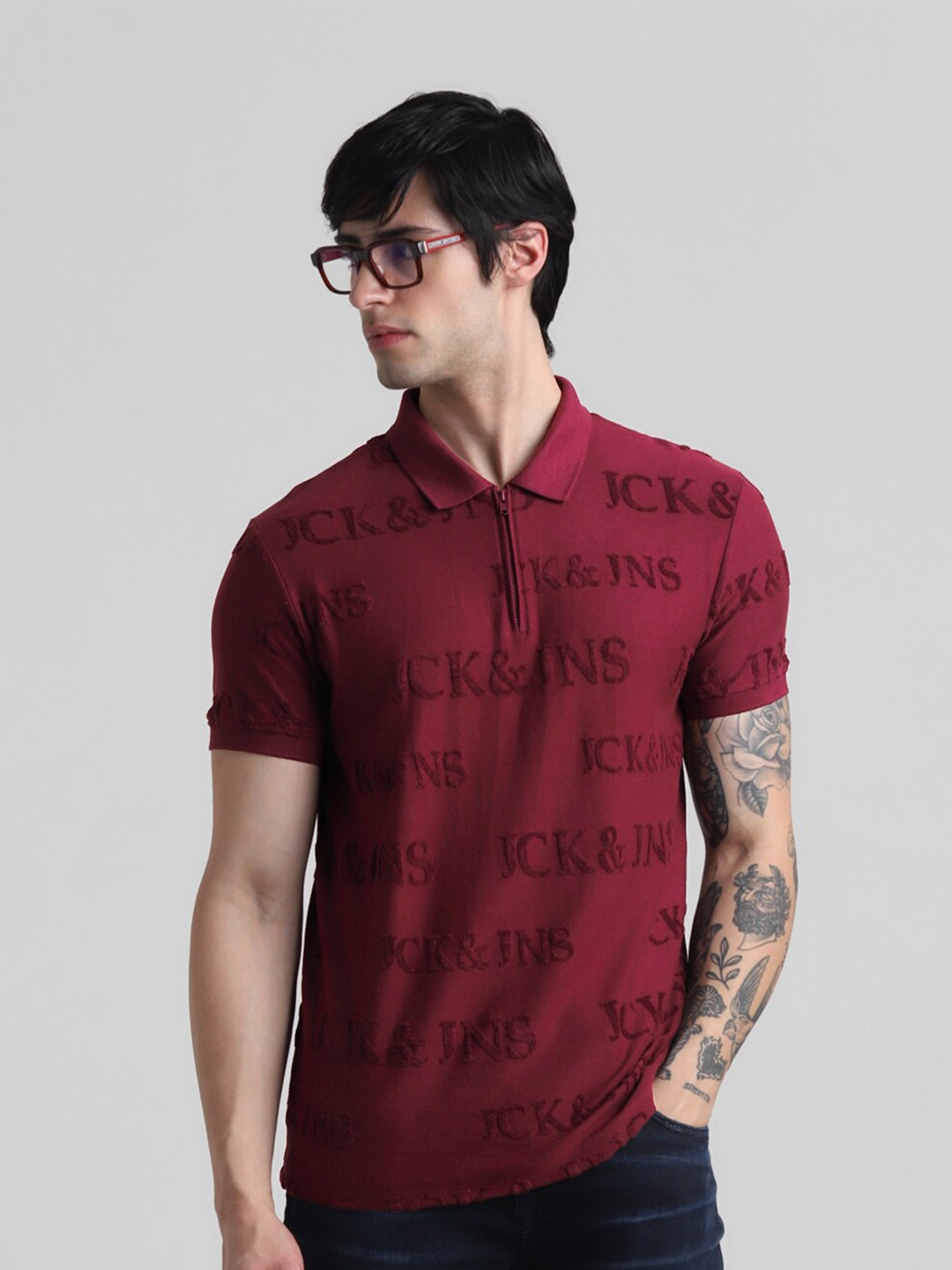 

Jack & Jones Typography Printed Polo Collar Slim Fit Pure Cotton T-shirt, Maroon