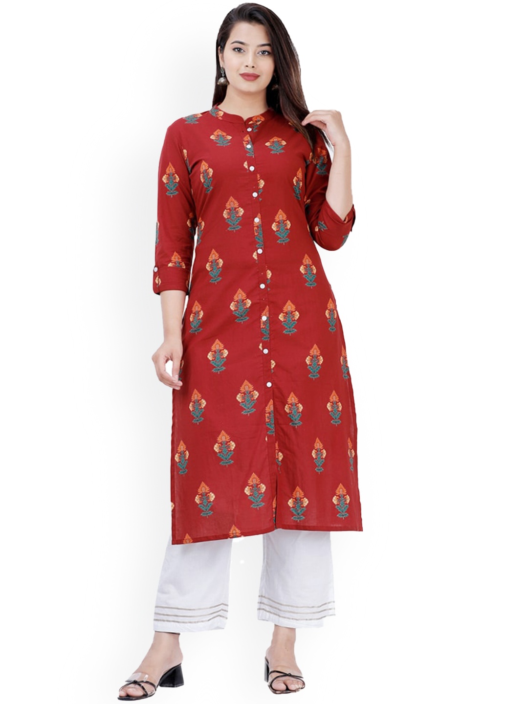 

BAESD Floral Printed Regular Pure Cotton Mandarin Collar Kurta With Trouser, Maroon