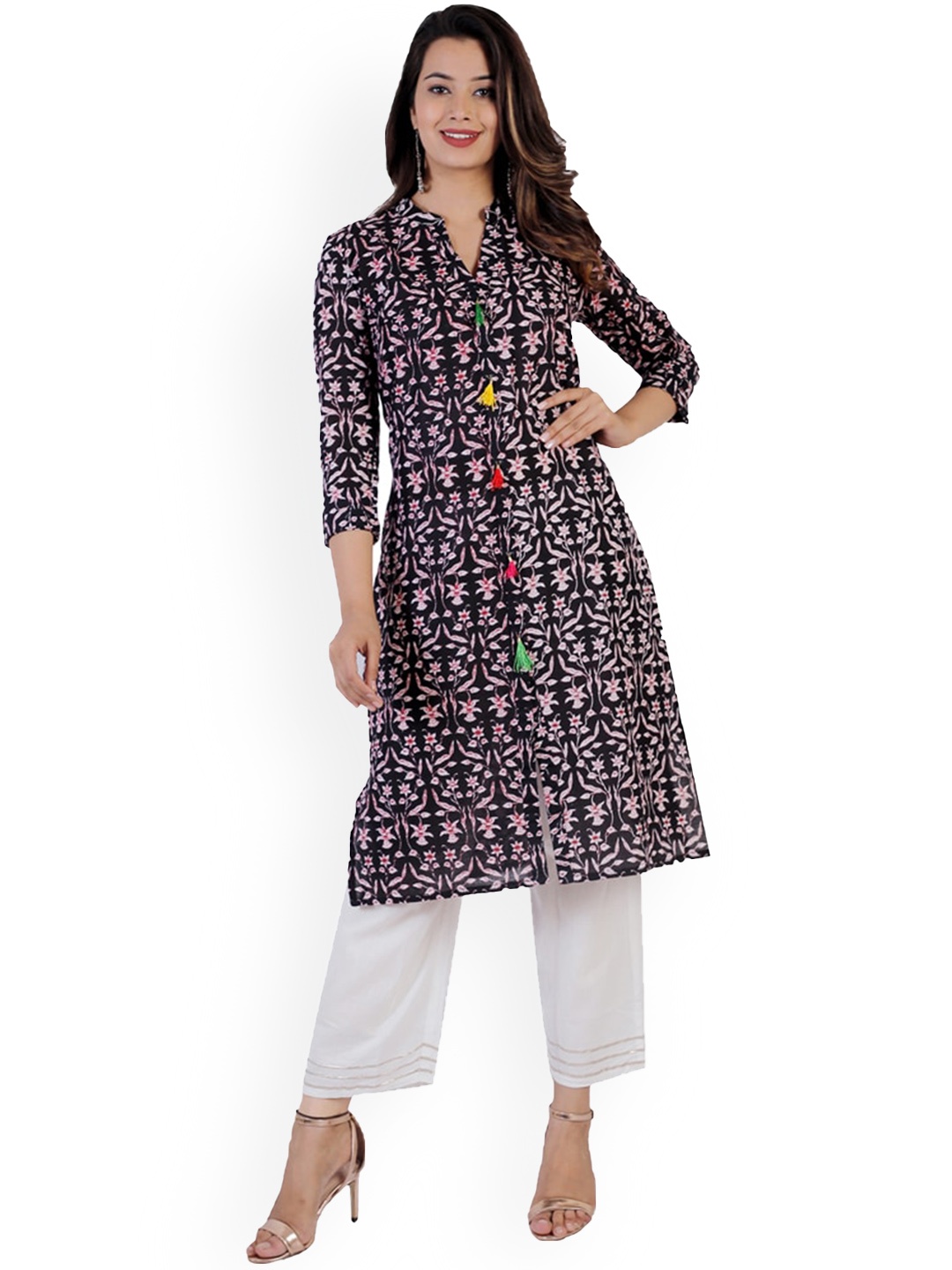 

BAESD Floral Printed Regular Pure Cotton A-Line Kurta With Trousers, Black