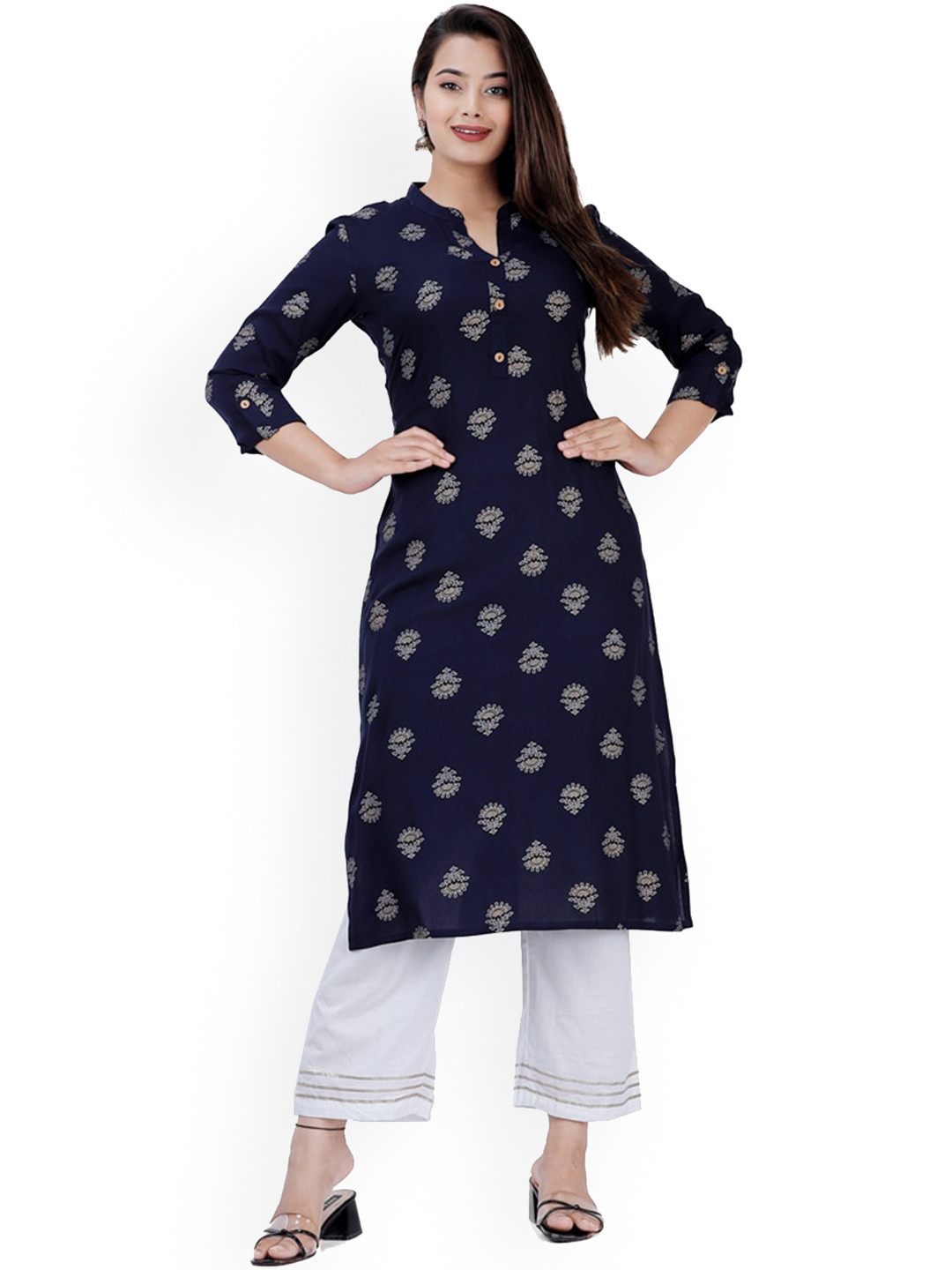 

BAESD Ethnic Motifs Printed Regular Mandarin Collar Straight Kurta with Trouser, Navy blue