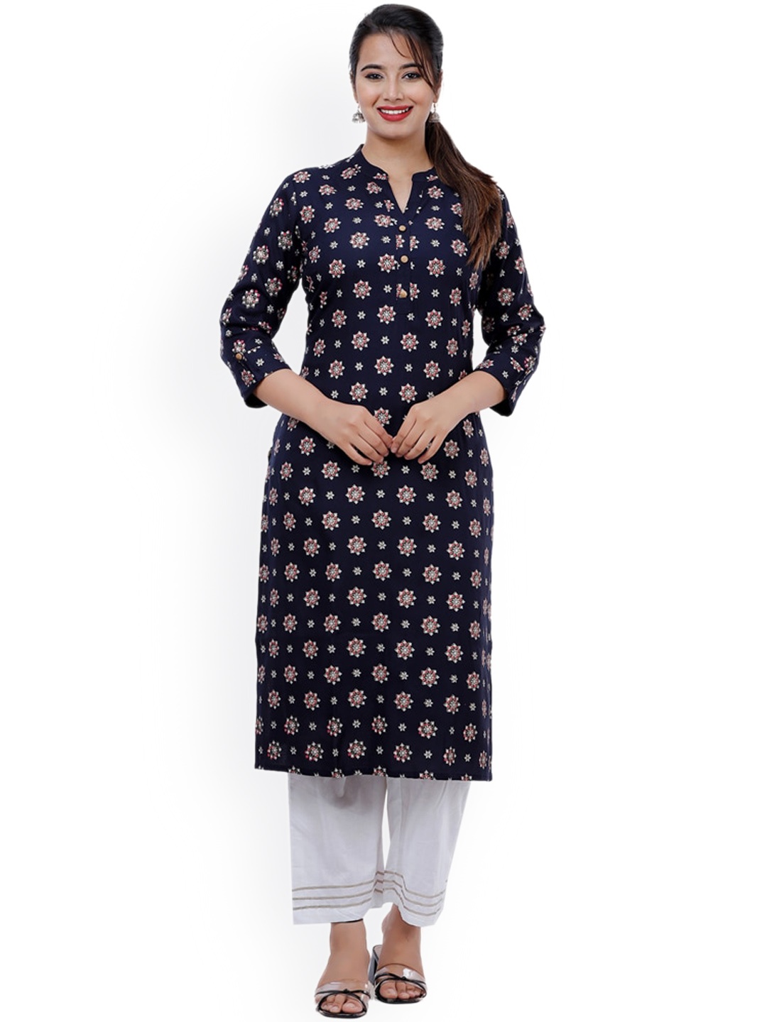 

BAESD Floral Printed Regular Kurta with Trousers, Navy blue