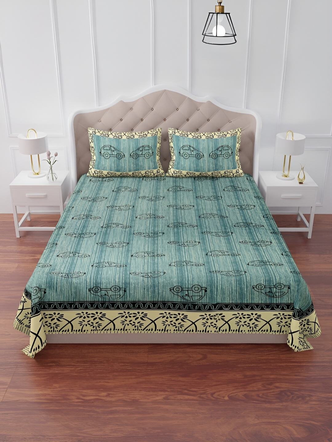 

The Craft Monk Green & Black Printed Cotton 240 TC King Bedsheet With 2 Pillow Covers