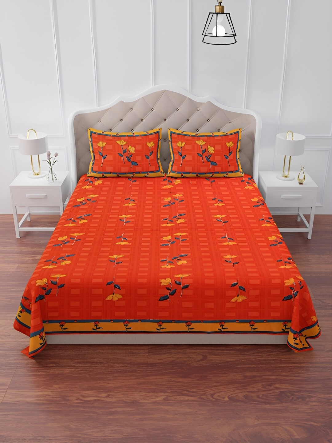 

The Craft Monk Yellow & Orange Printed Cotton 240 TC King Bedsheet With 2 Pillow Covers